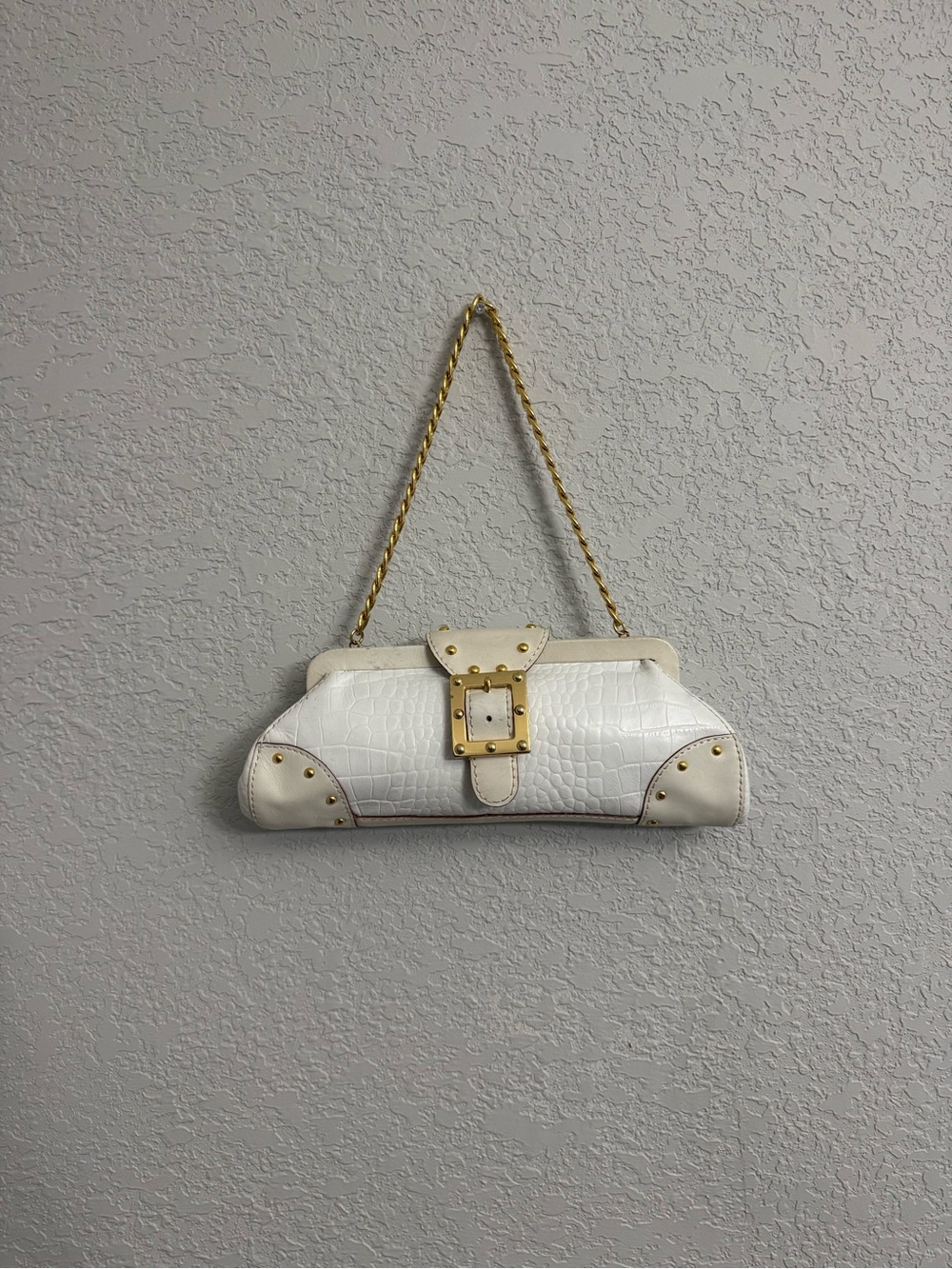 Michael Kors White Croc-Embossed Shoulder Bag with Gold Hardware